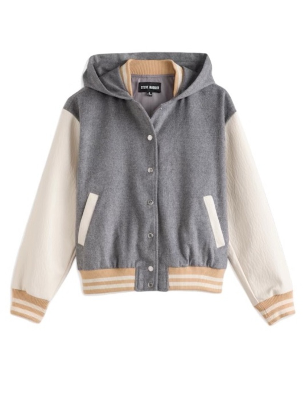 Steve Madden Gray and Cream Hooded Varsity Jacket with Tan Trim